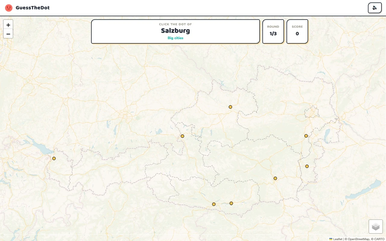 Actual GuessTheDot Austria practice round with named places and clickable map dots