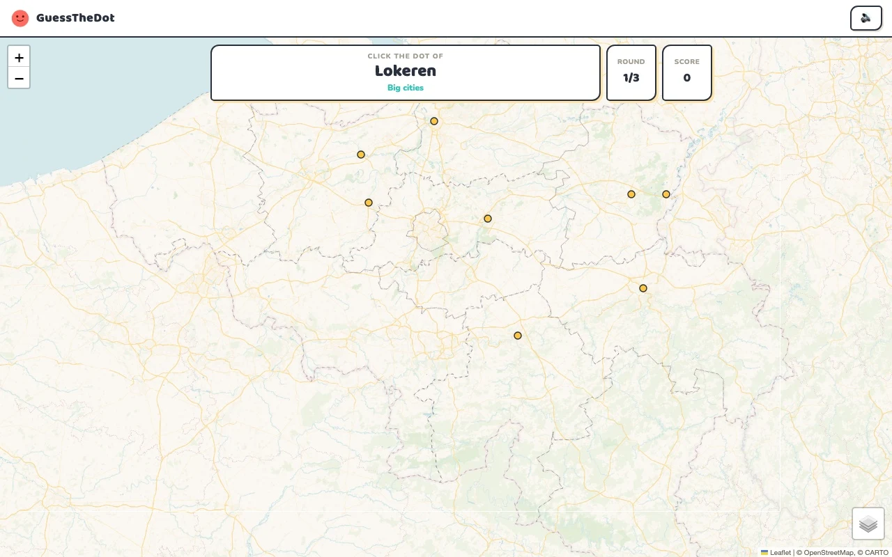 Actual GuessTheDot Belgium practice round with named places and clickable map dots