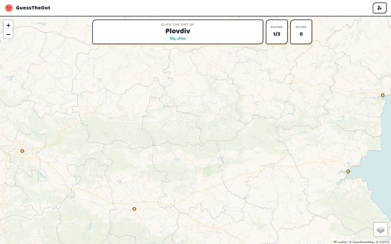 Реално GuessTheDot България практикува кръг с имена на места и щракащи точки на картата