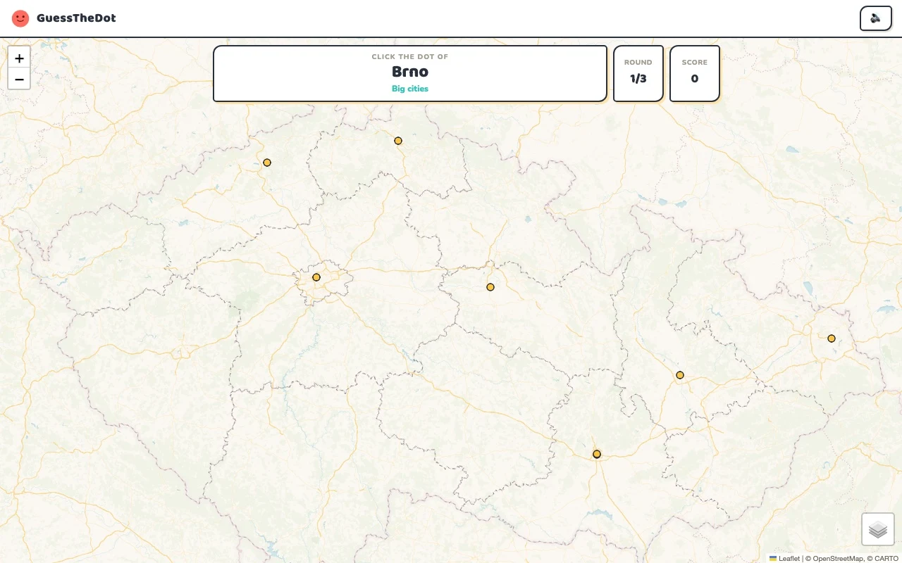 Actual GuessTheDot Czechia practice round with named places and clickable map dots