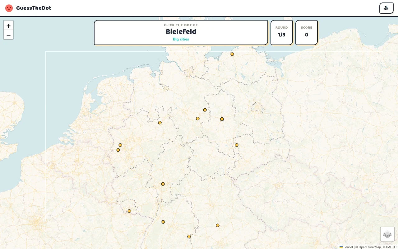 Actual GuessTheDot Germany practice round with named places and clickable map dots