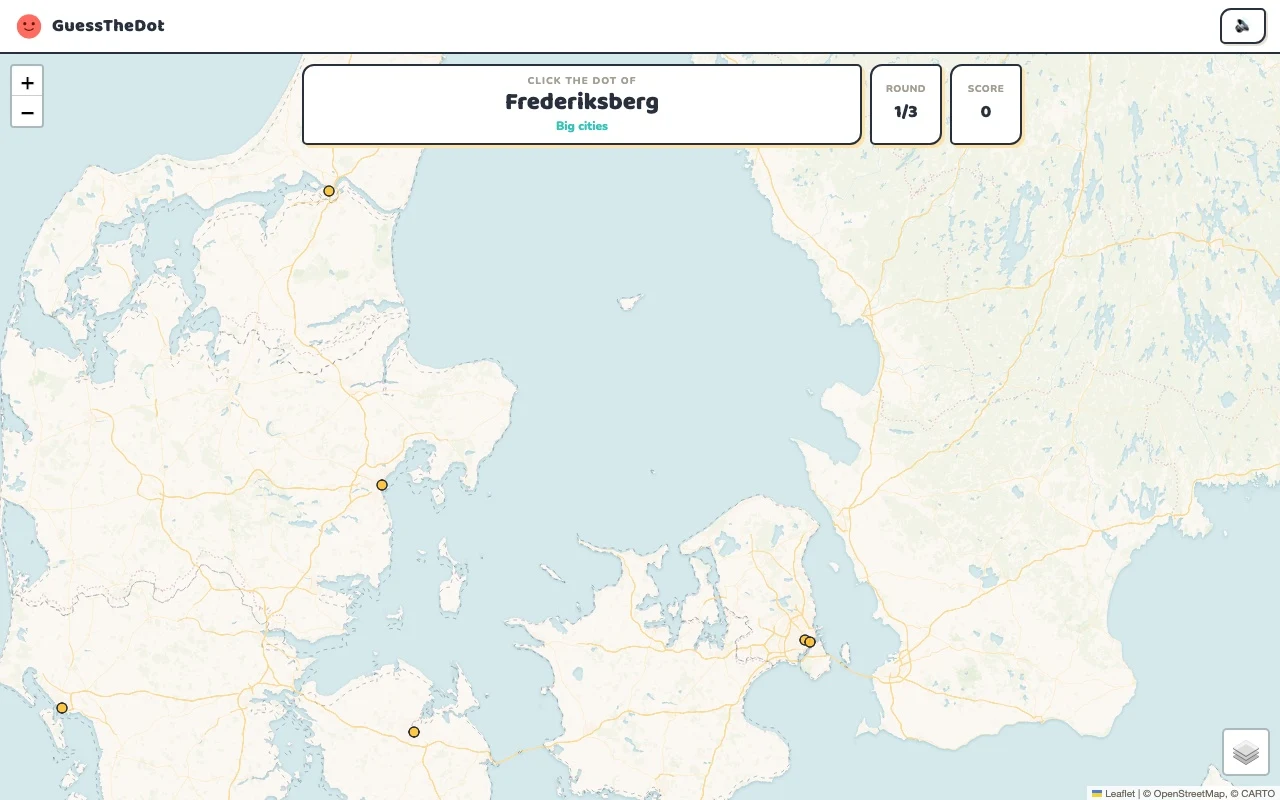 Actual GuessTheDot Denmark practice round with named places and clickable map dots