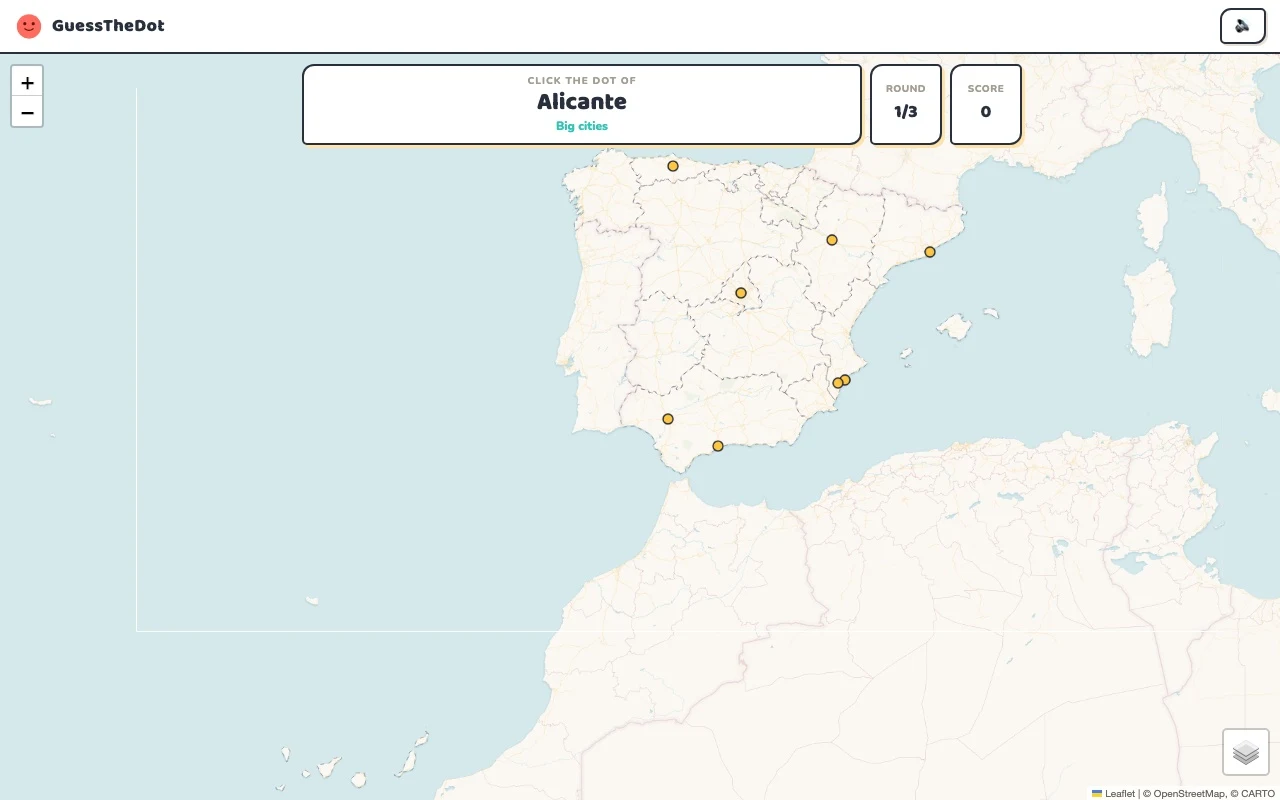 Actual GuessTheDot Spain practice round with named places and clickable map dots