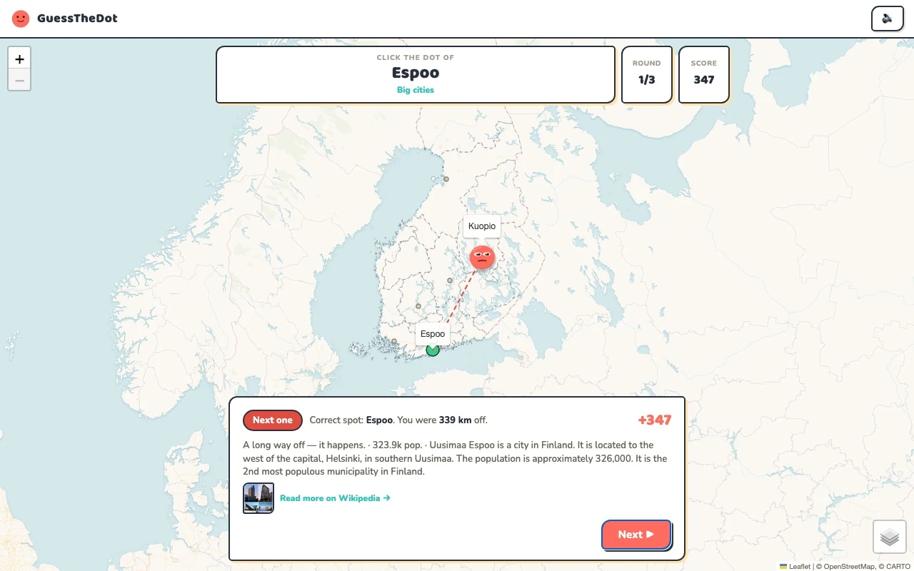 Actual Finland game feedback after a map answer