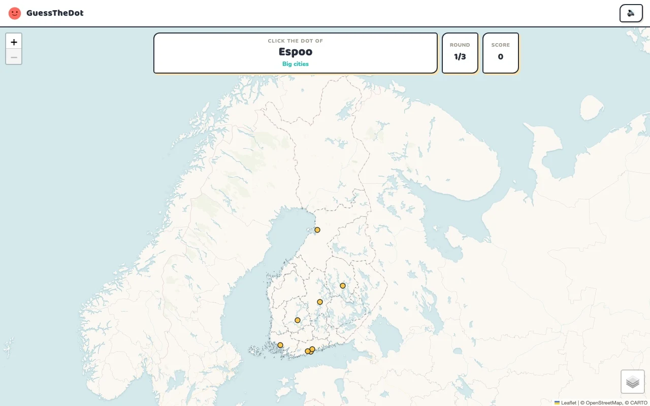 Actual GuessTheDot Finland practice round with named places and clickable map dots
