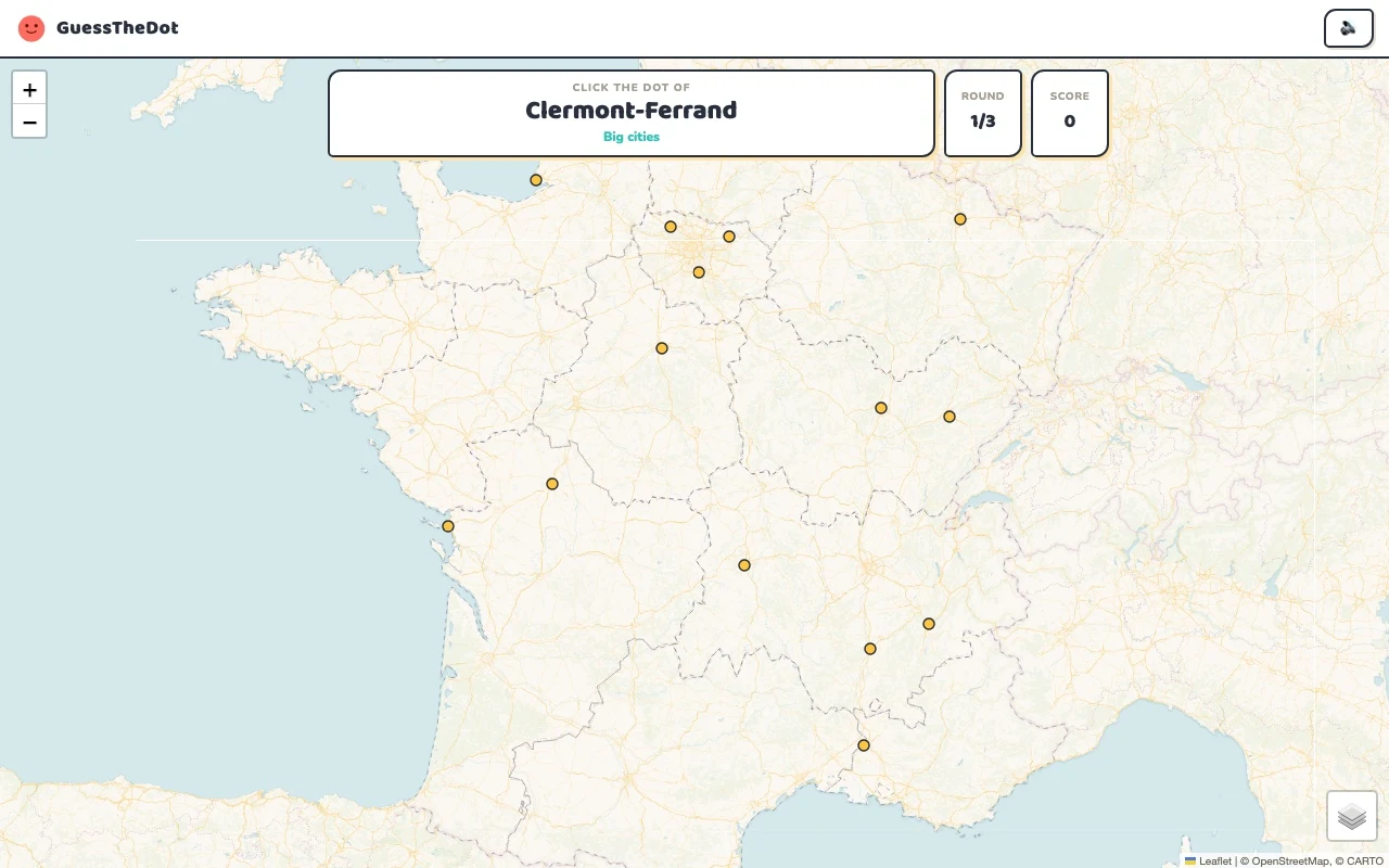 Actual GuessTheDot France practice round with named places and clickable map dots