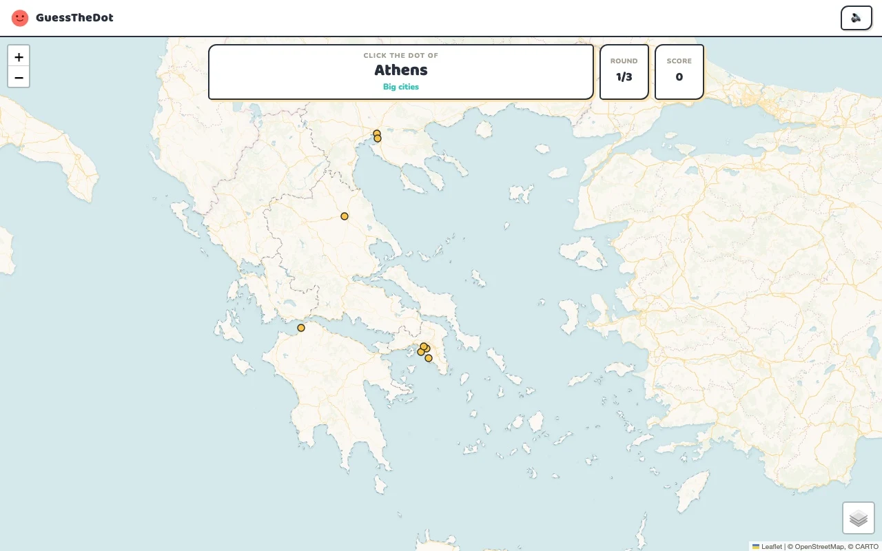 Actual GuessTheDot Greece practice round with named places and clickable map dots