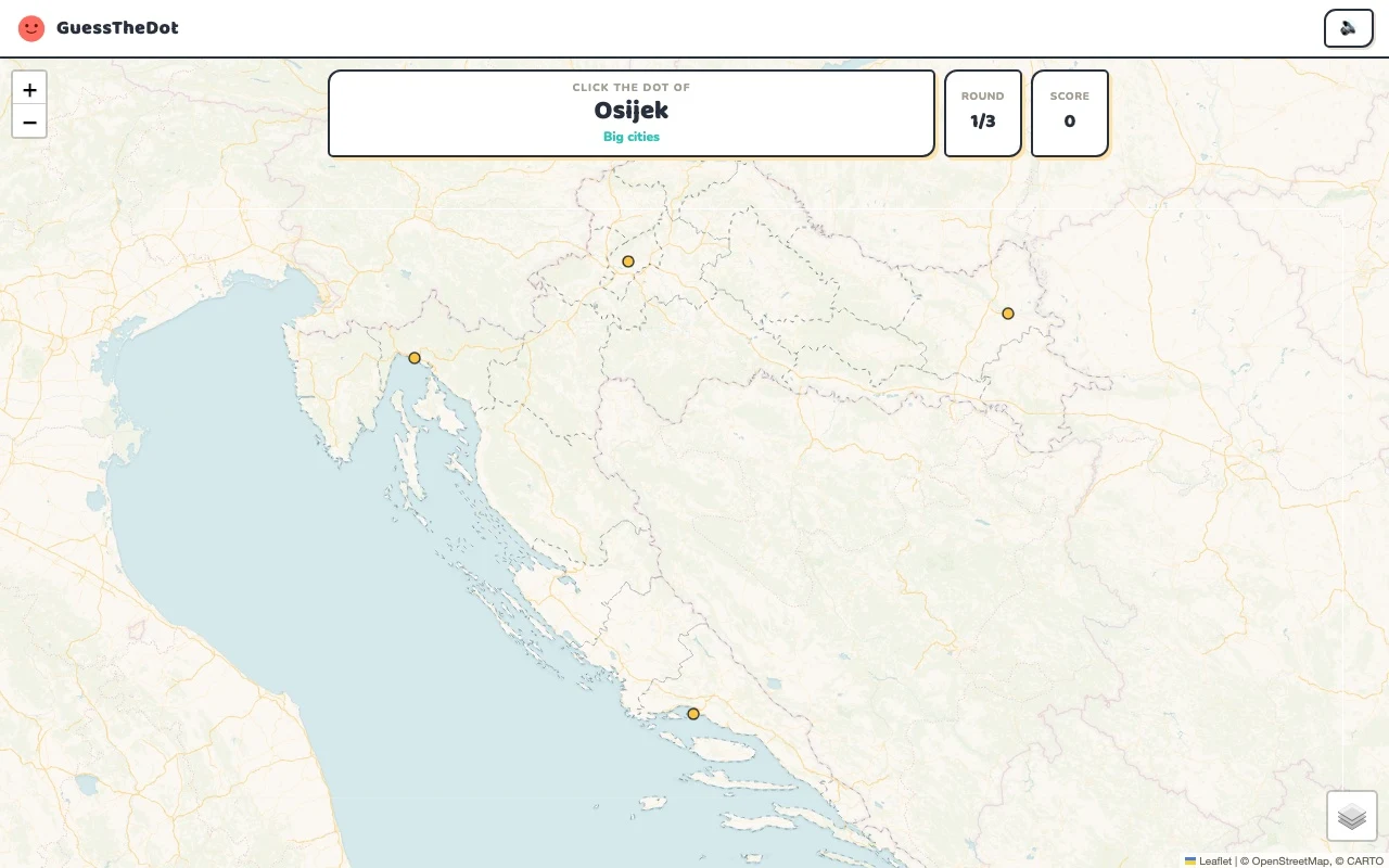Prava runda igre GuessTheDot u Hrvatskoj s nazivima mjesta i točkama na karti