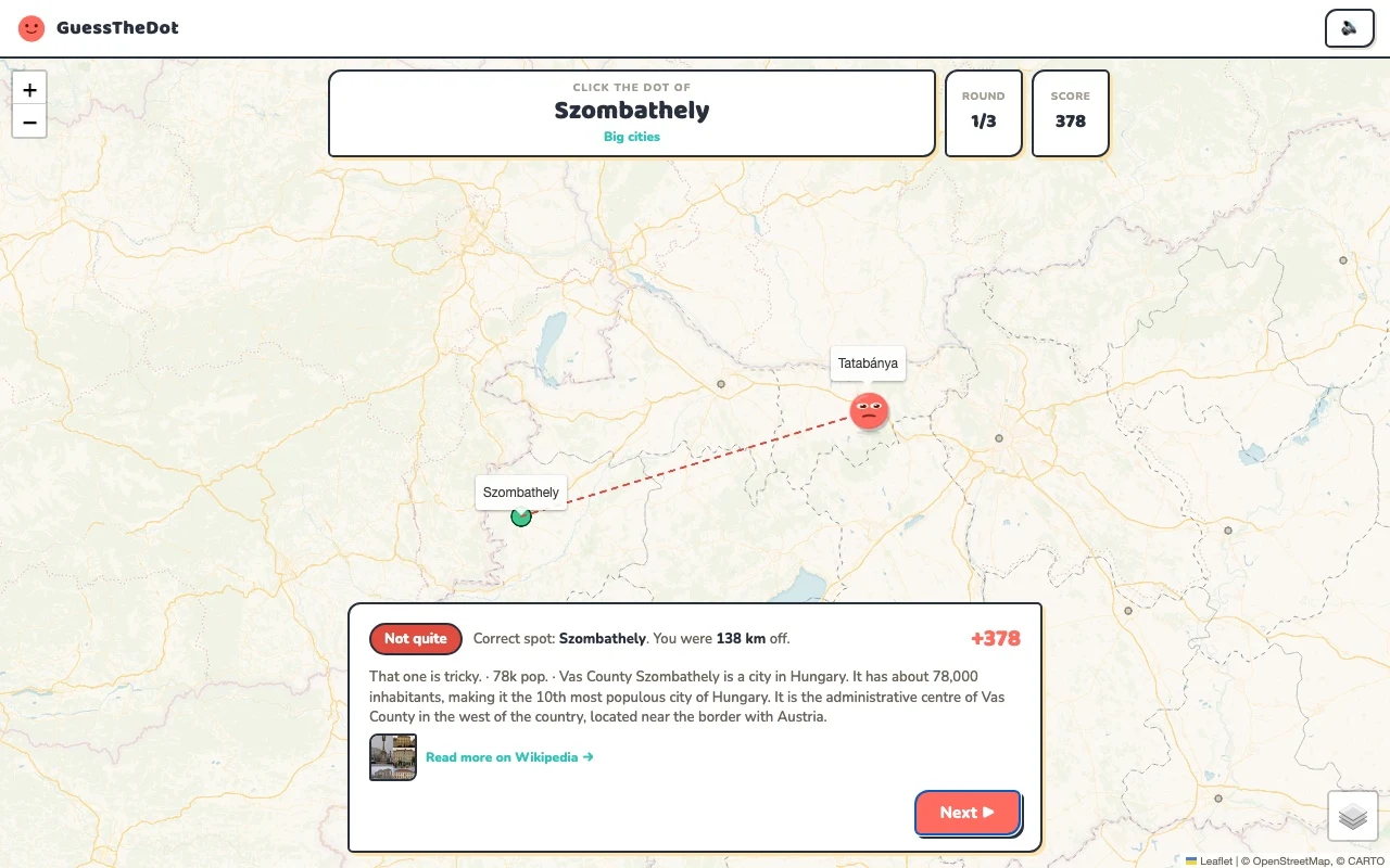 Actual Hungary game feedback after a map answer
