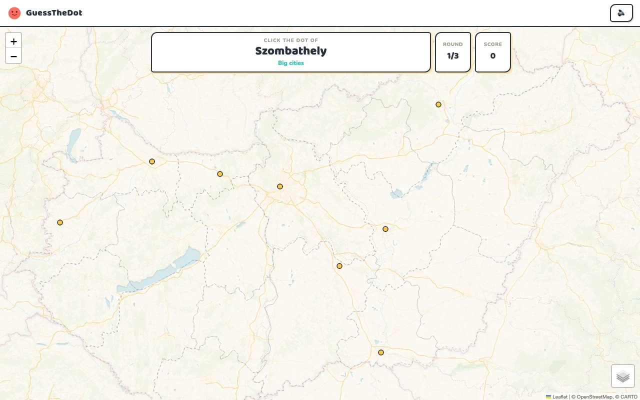 Actual GuessTheDot Hungary practice round with named places and clickable map dots