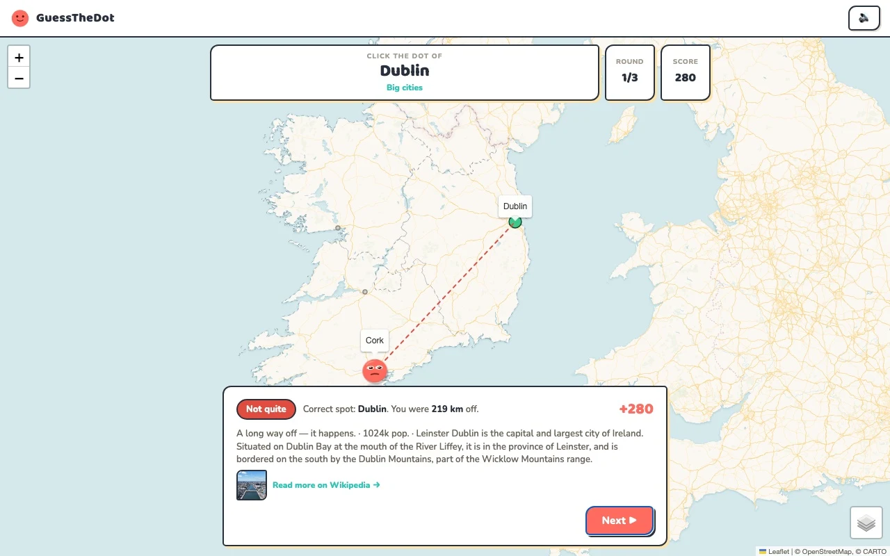 Actual Ireland game feedback after a map answer