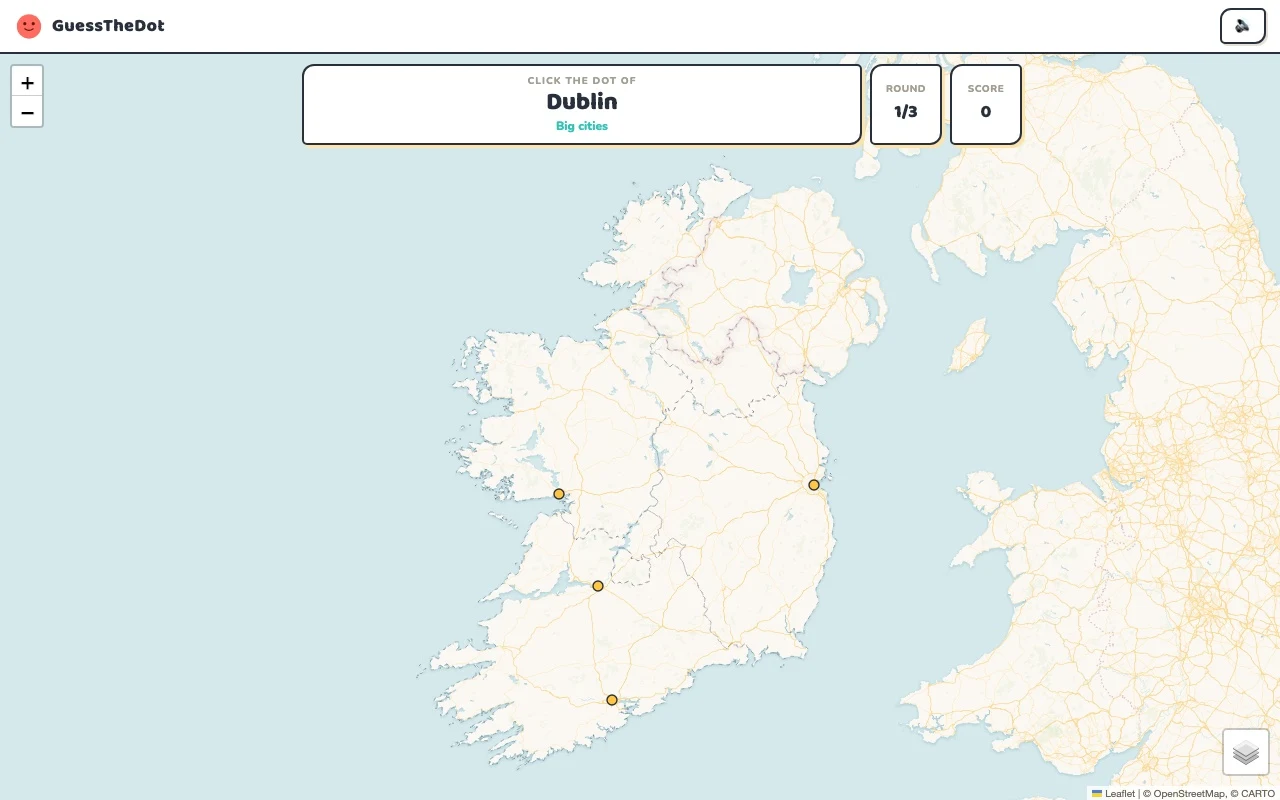Actual GuessTheDot Ireland practice round with named places and clickable map dots