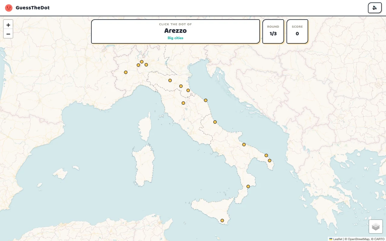 Actual GuessTheDot Italy practice round with named places and clickable map dots