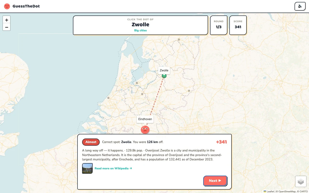 Actual Netherlands game feedback after a map answer