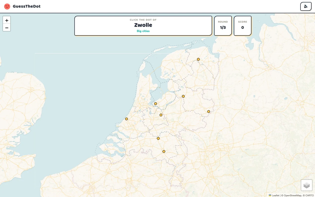 Actual GuessTheDot Netherlands practice round with named places and clickable map dots