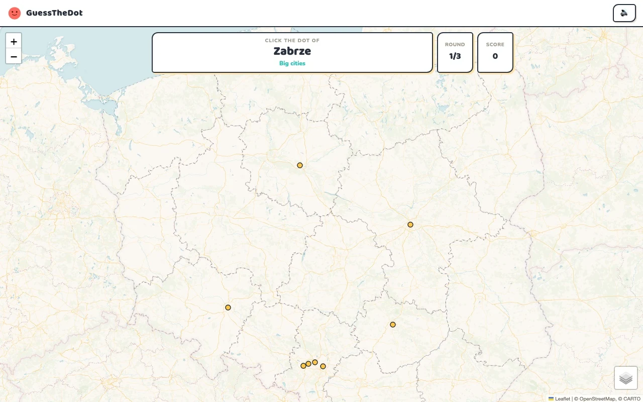 Actual GuessTheDot Poland practice round with named places and clickable map dots