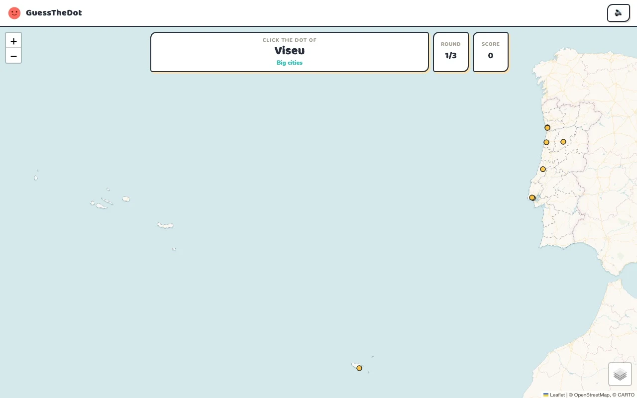 Actual GuessTheDot Portugal practice round with named places and clickable map dots