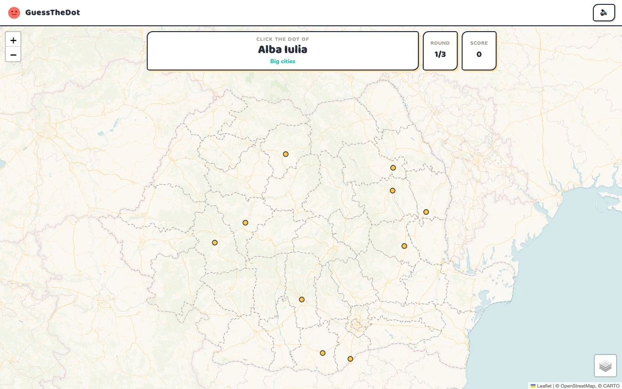 Actual GuessTheDot Romania practice round with named places and clickable map dots