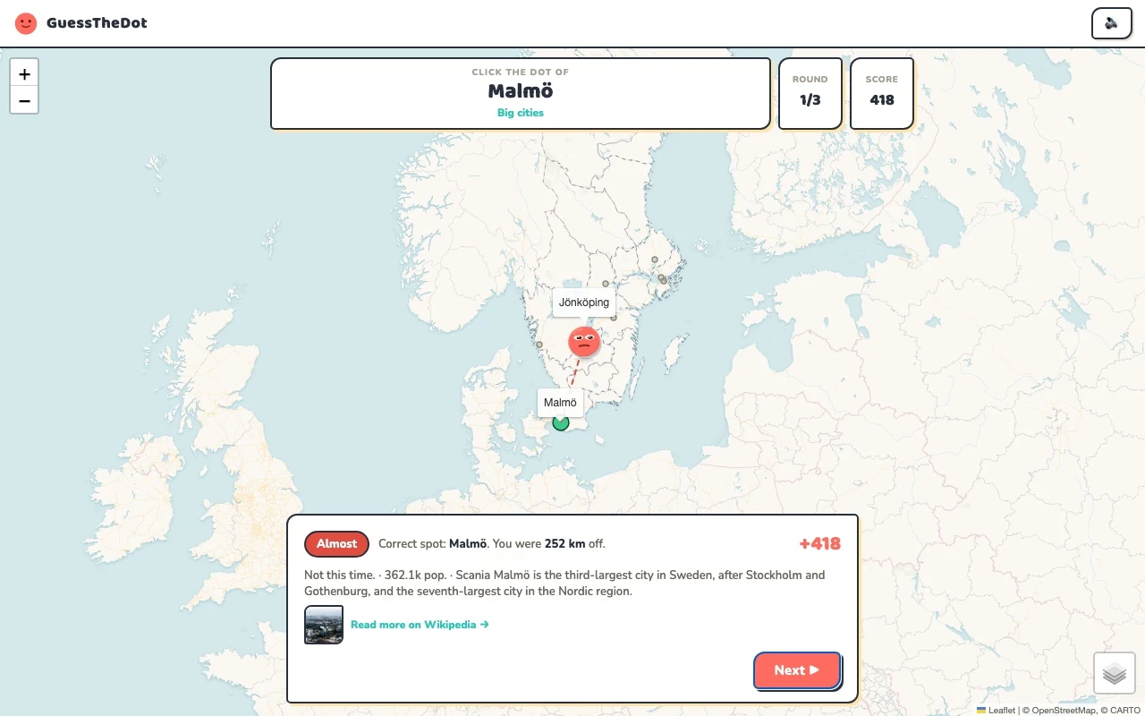 Actual Sweden game feedback after a map answer