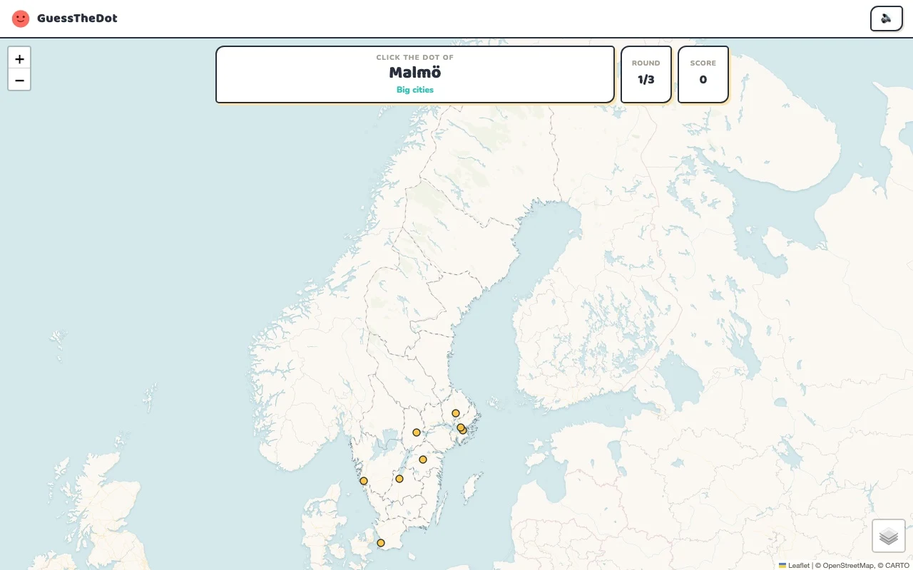 Actual GuessTheDot Sweden practice round with named places and clickable map dots