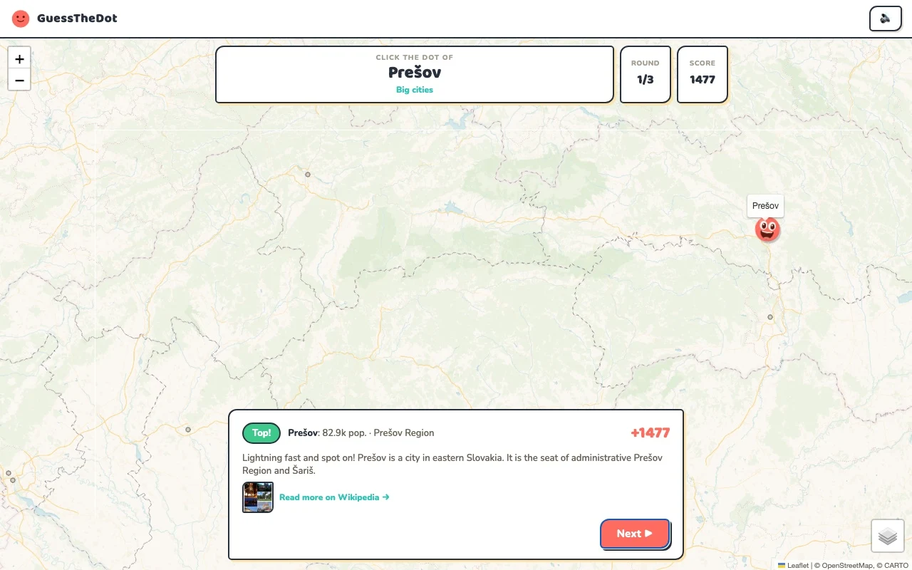 Actual Slovakia game feedback after a map answer