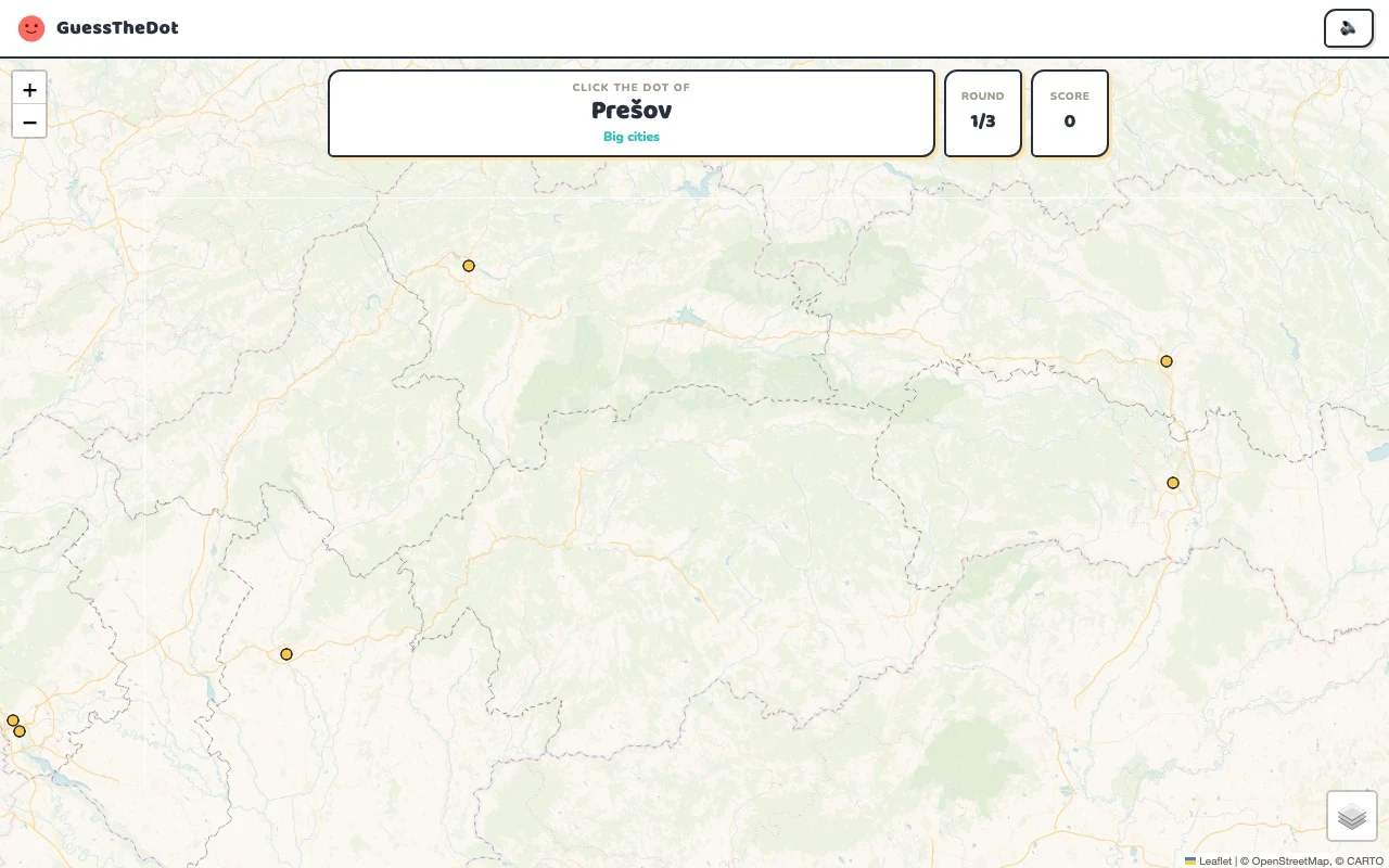Actual GuessTheDot Slovakia practice round with named places and clickable map dots